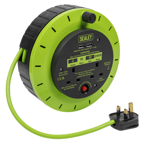 10m Cassette Type Cable Reel with Thermal Trip 2 x 230V & 2 x USB - Hi-Vis Green BCR10G