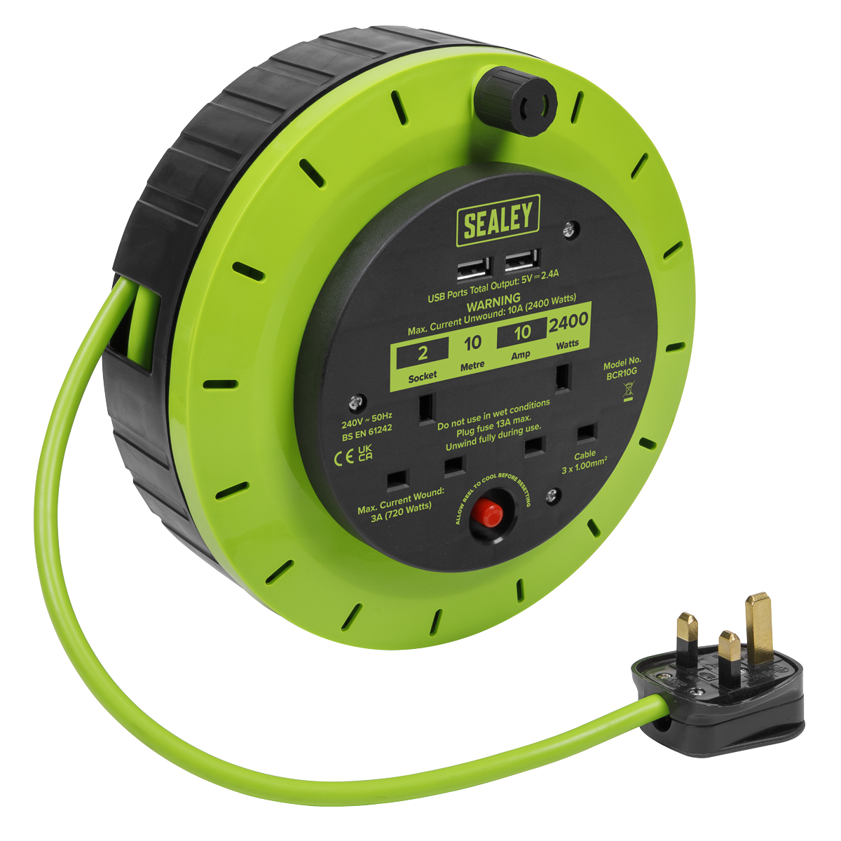 10m Cassette Type Cable Reel with Thermal Trip 2 x 230V & 2 x USB - Hi-Vis Green BCR10G