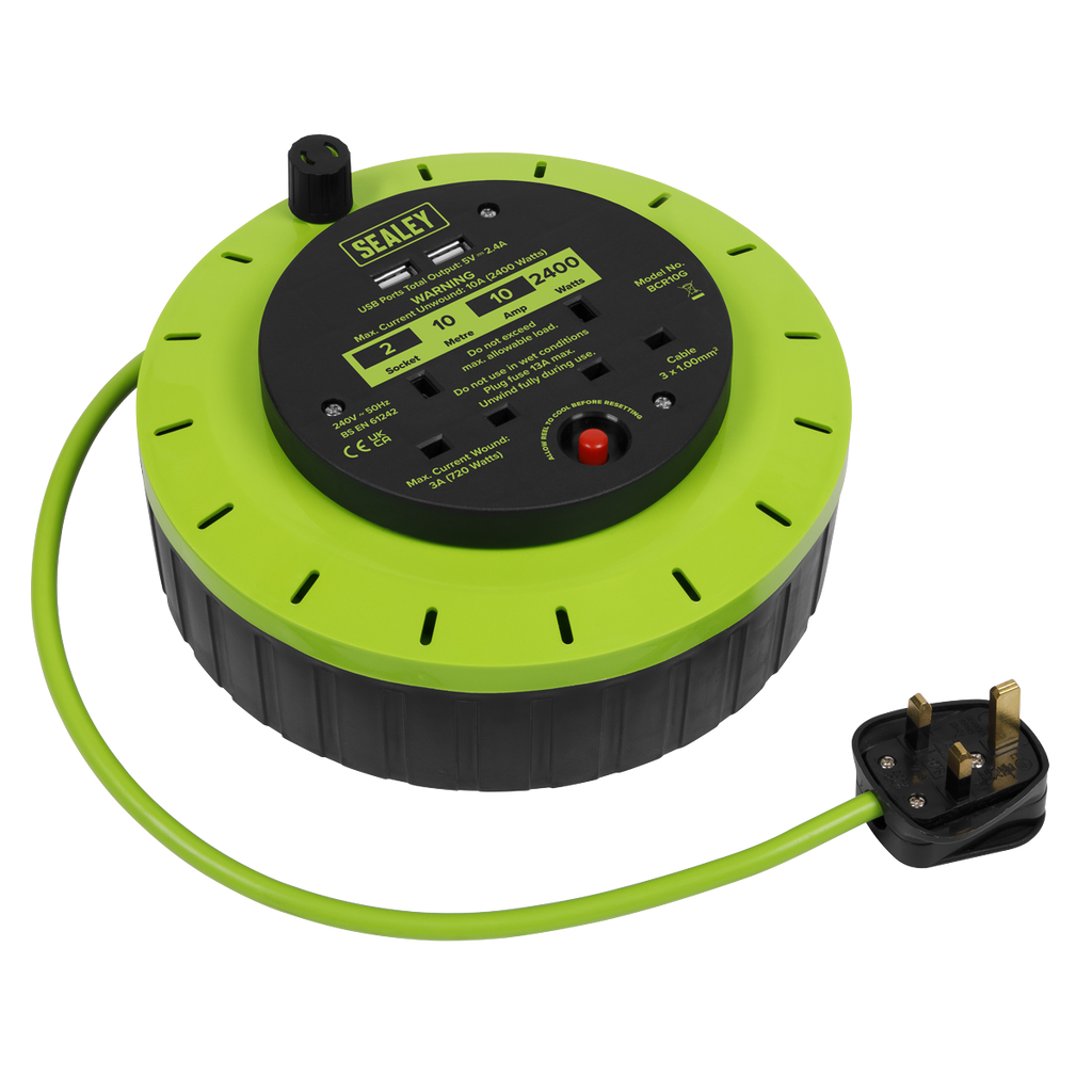 10m Cassette Type Cable Reel with Thermal Trip 2 x 230V & 2 x USB - Hi-Vis Green BCR10G