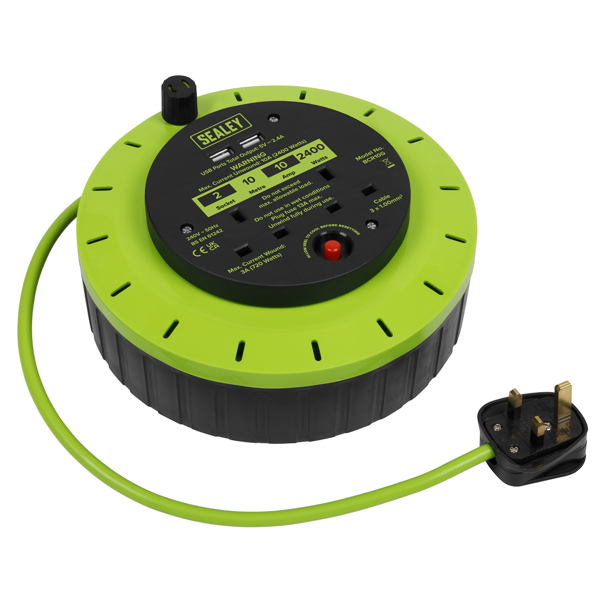 10m Cassette Type Cable Reel with Thermal Trip 2 x 230V & 2 x USB - Hi-Vis Green BCR10G