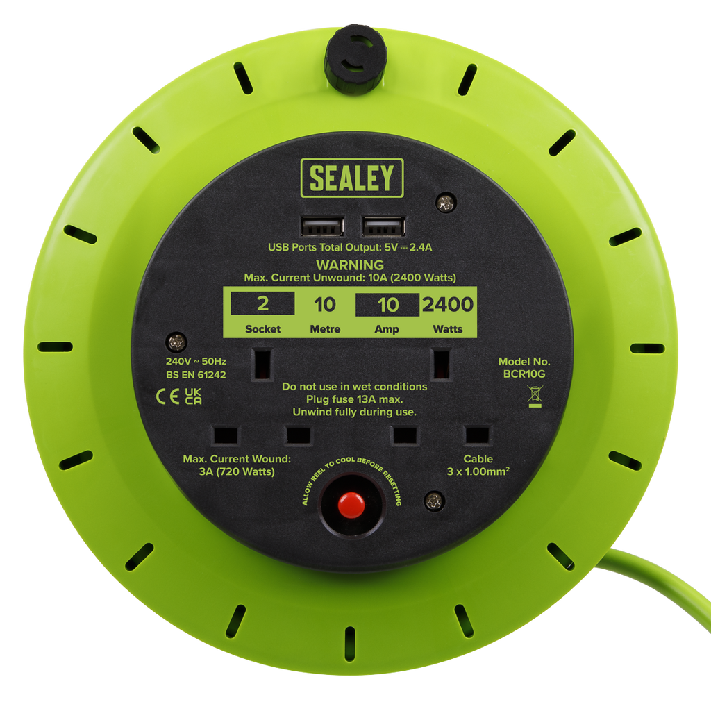 10m Cassette Type Cable Reel with Thermal Trip 2 x 230V & 2 x USB - Hi-Vis Green BCR10G