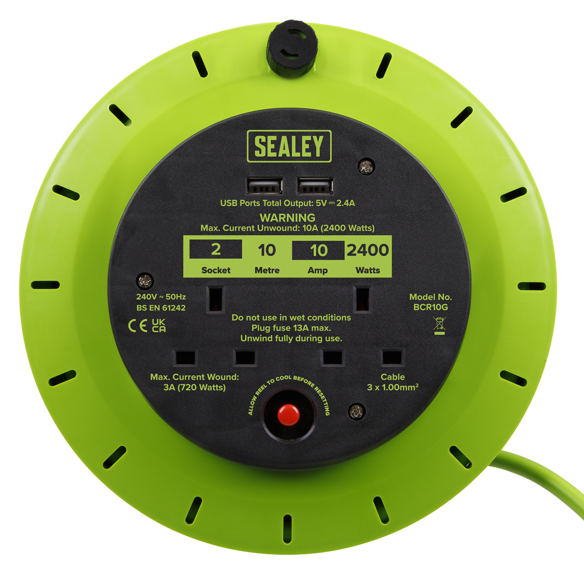 10m Cassette Type Cable Reel with Thermal Trip 2 x 230V & 2 x USB - Hi-Vis Green BCR10G