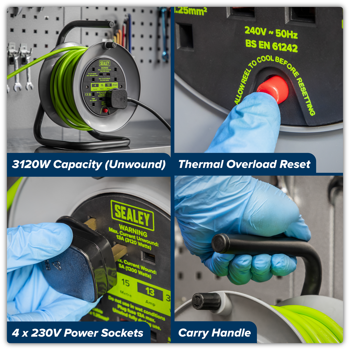 15m Cable Reel with Thermal Trip 4 x 230V - Hi-Vis Green BCR153TG