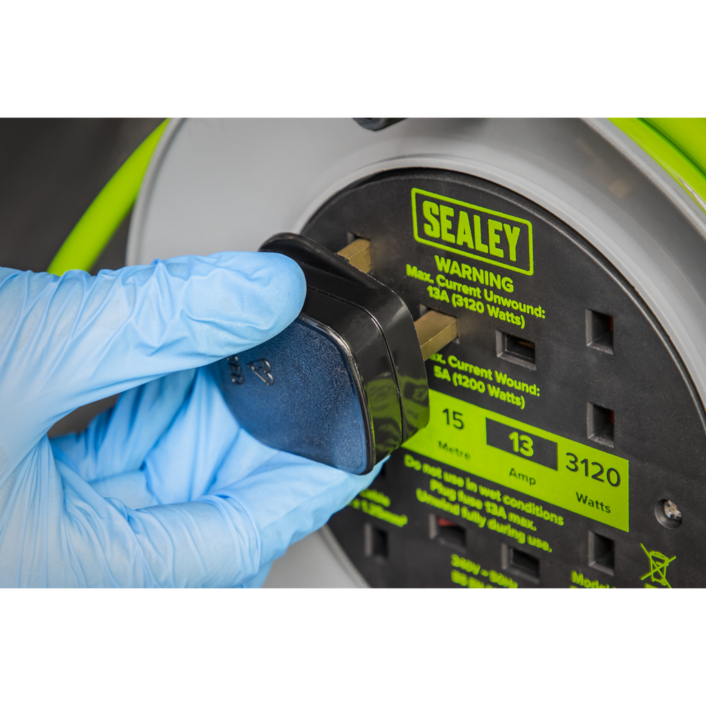 15m Cable Reel with Thermal Trip 4 x 230V - Hi-Vis Green BCR153TG