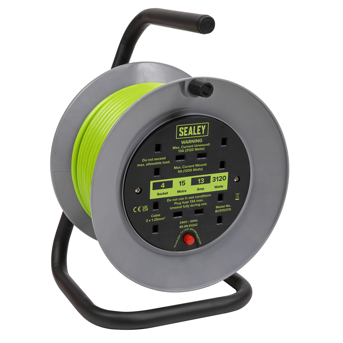 15m Cable Reel with Thermal Trip 4 x 230V - Hi-Vis Green BCR153TG