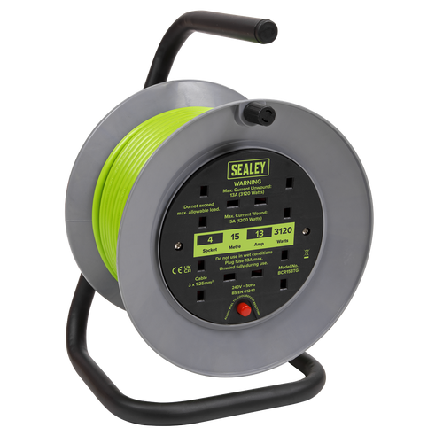 15m Cable Reel with Thermal Trip 4 x 230V - Hi-Vis Green BCR153TG