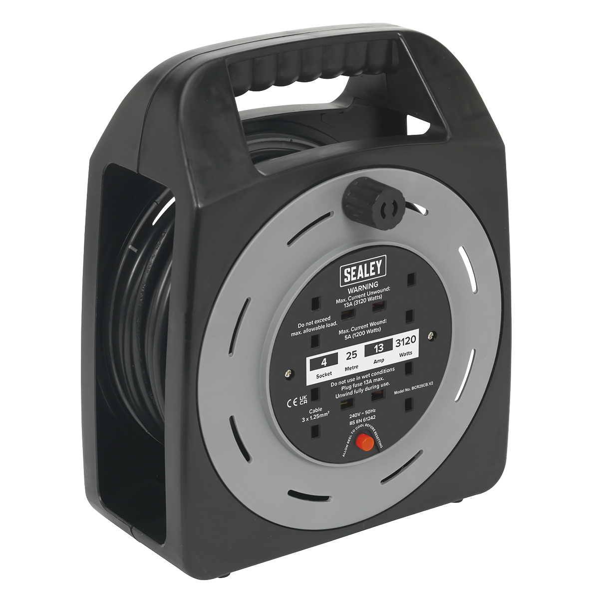 25m Box Type Cable Reel with Thermal Trip 4 x 230V BCR25CB