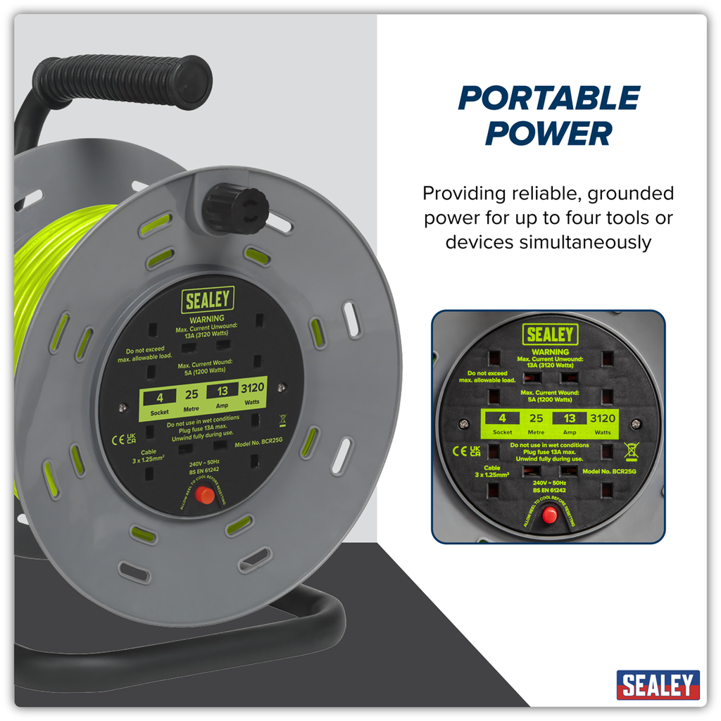 25m Cable Reel with Thermal Trip 4 x 230V - Hi-Vis Green BCR25G
