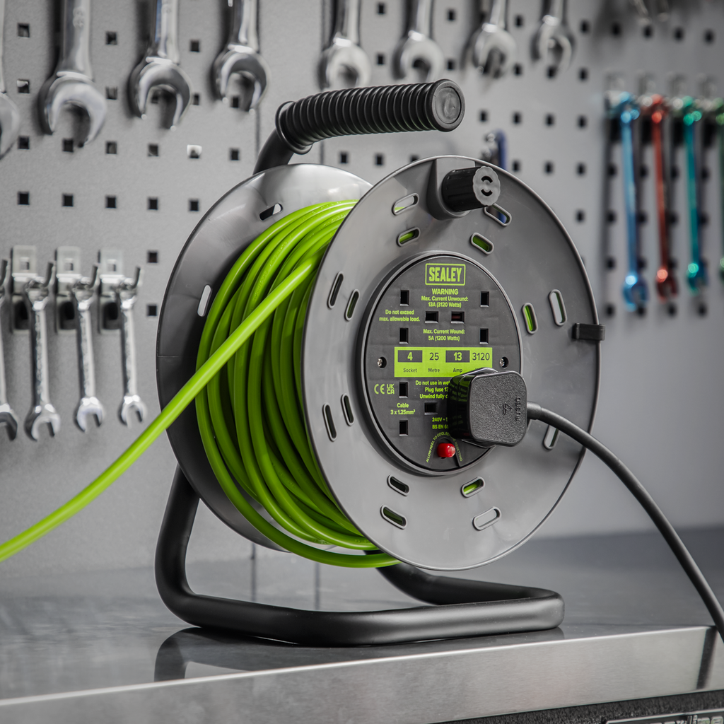 25m Cable Reel with Thermal Trip 4 x 230V - Hi-Vis Green BCR25G
