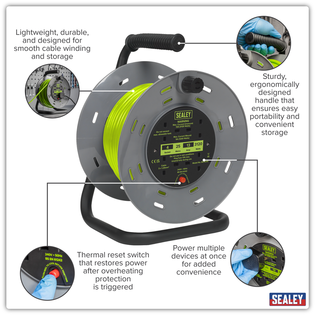 25m Cable Reel with Thermal Trip 4 x 230V - Hi-Vis Green BCR25G