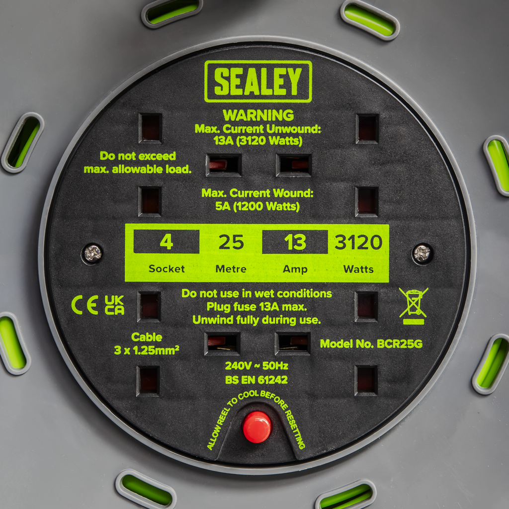 25m Cable Reel with Thermal Trip 4 x 230V - Hi-Vis Green BCR25G