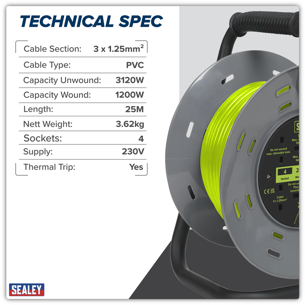 25m Cable Reel with Thermal Trip 4 x 230V - Hi-Vis Green BCR25G