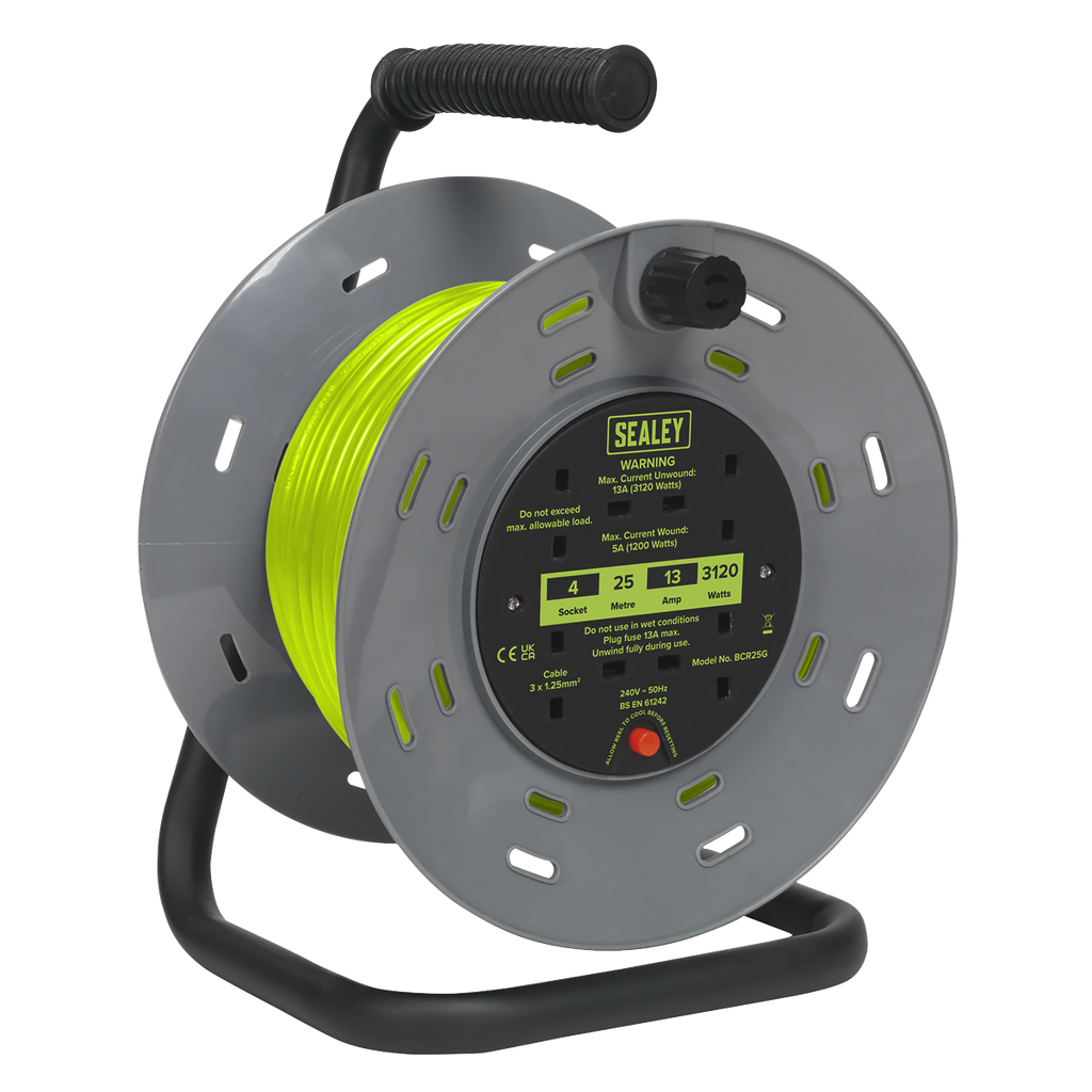 25m Cable Reel with Thermal Trip 4 x 230V - Hi-Vis Green BCR25G