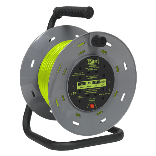 25m Cable Reel with Thermal Trip 4 x 230V - Hi-Vis Green BCR25G