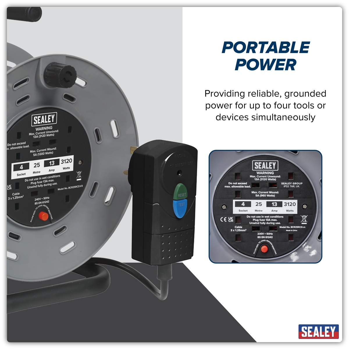 25m Cable Reel with Thermal Trip & RCD Plug 4 x 230V BCR25RCD