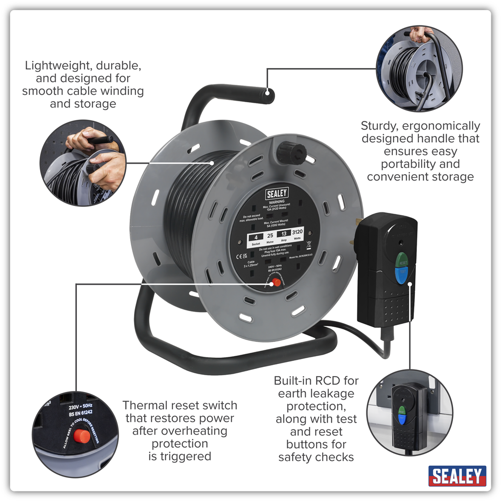 25m Cable Reel with Thermal Trip & RCD Plug 4 x 230V BCR25RCD
