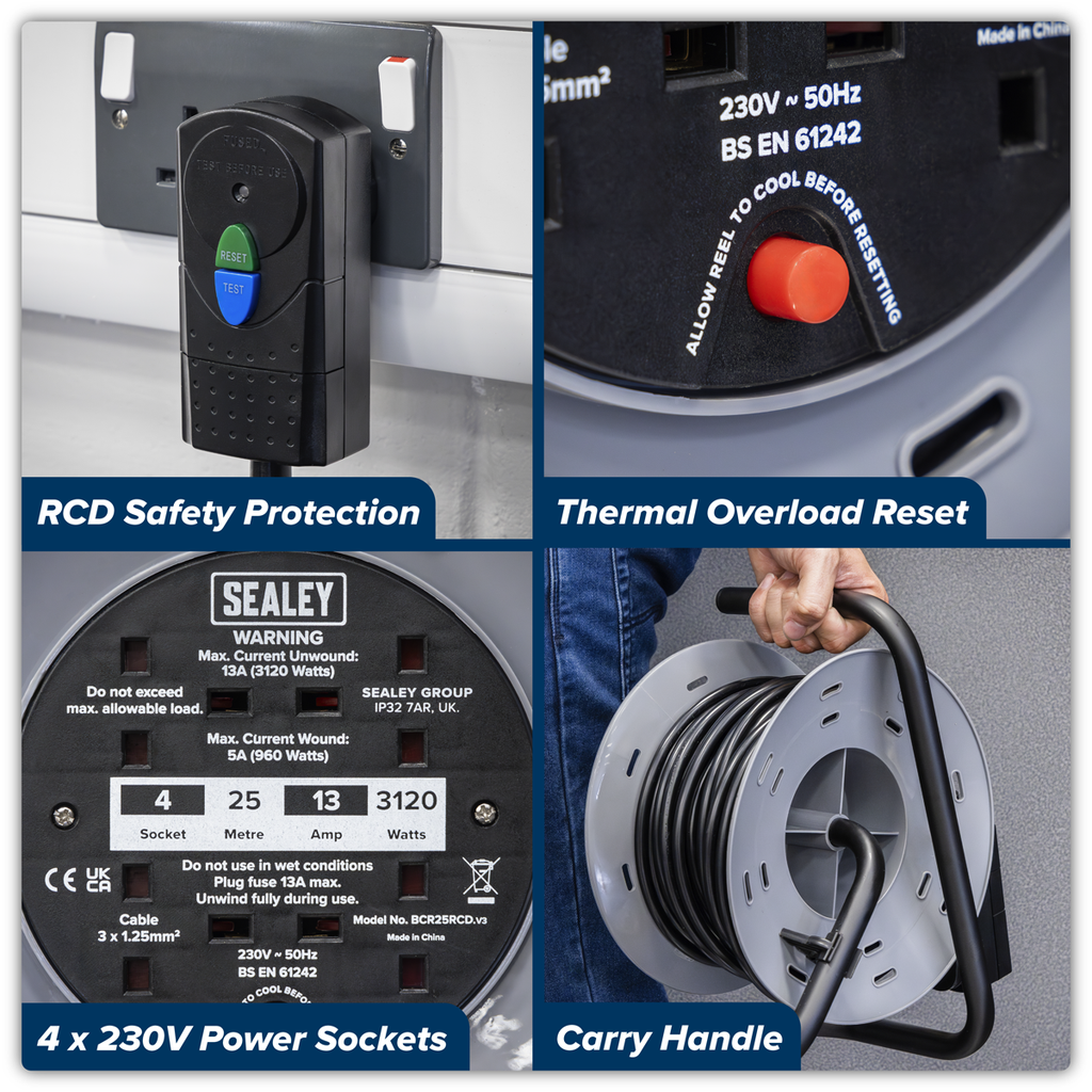 25m Cable Reel with Thermal Trip & RCD Plug 4 x 230V BCR25RCD