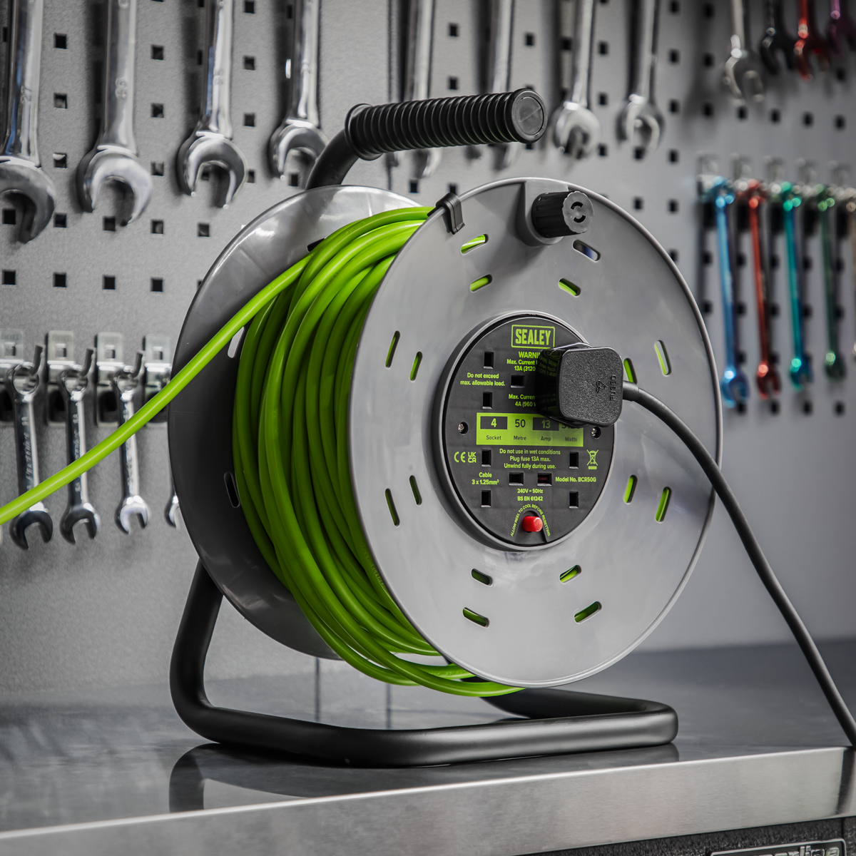 50m Cable Reel with Thermal Trip 4 x 230V - Hi-Vis Green BCR50G