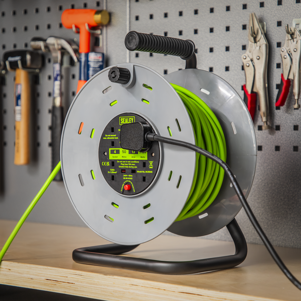 50m Cable Reel with Thermal Trip 4 x 230V - Hi-Vis Green BCR50G