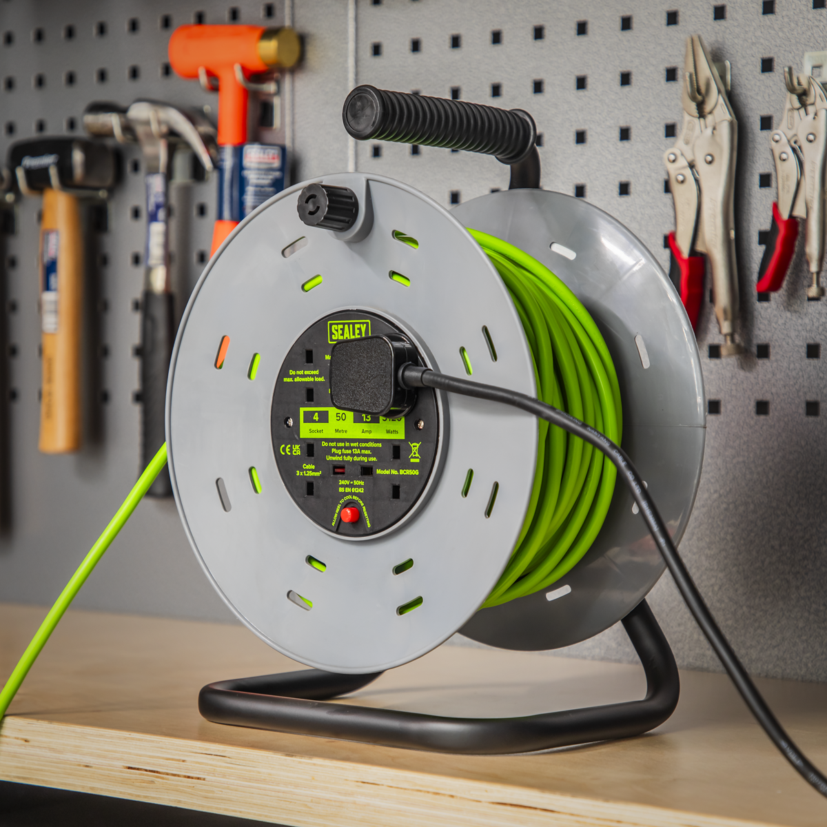 50m Cable Reel with Thermal Trip 4 x 230V - Hi-Vis Green BCR50G