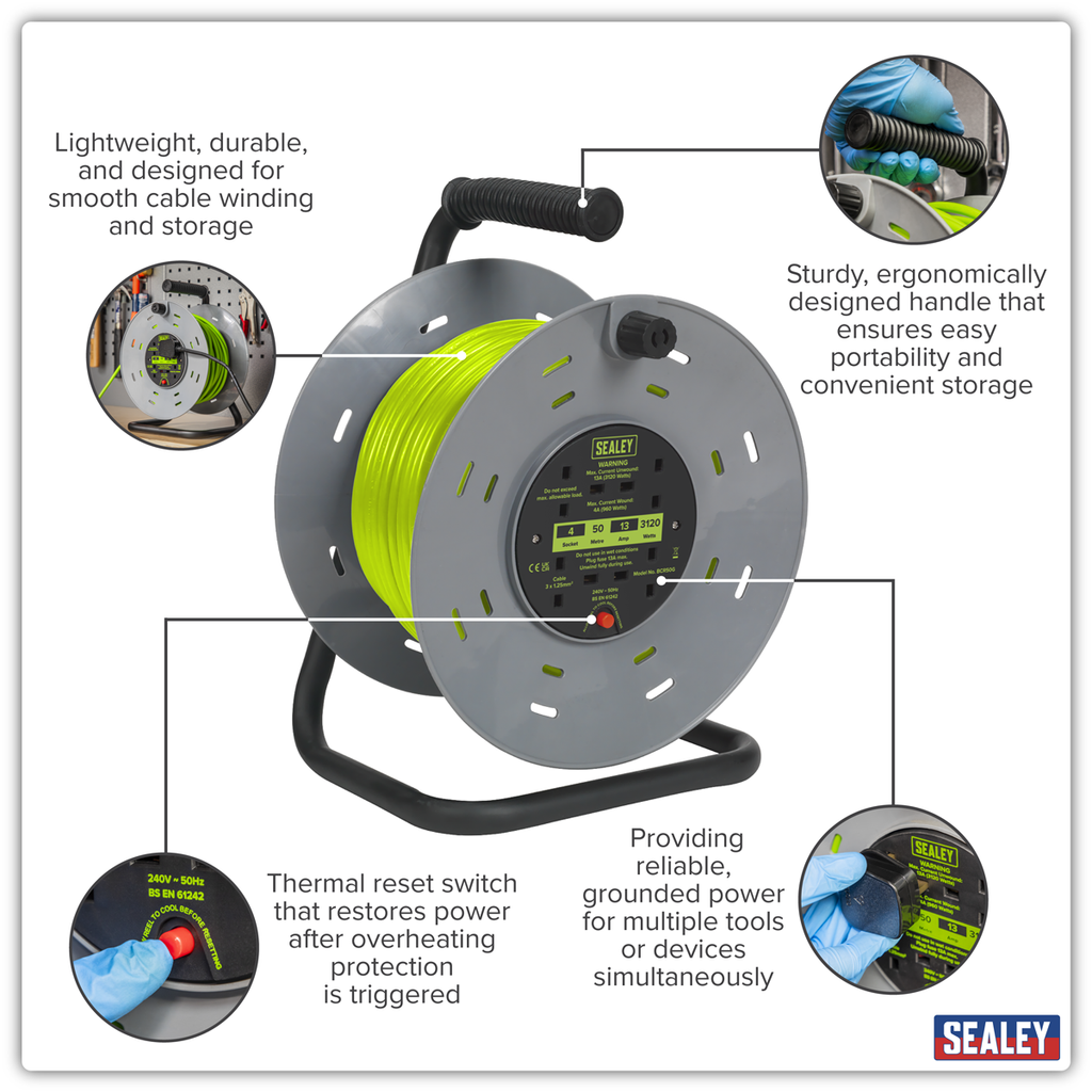 50m Cable Reel with Thermal Trip 4 x 230V - Hi-Vis Green BCR50G
