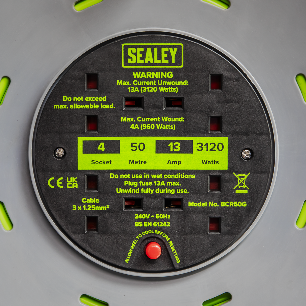 50m Cable Reel with Thermal Trip 4 x 230V - Hi-Vis Green BCR50G
