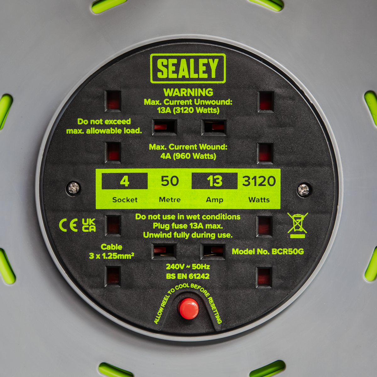 50m Cable Reel with Thermal Trip 4 x 230V - Hi-Vis Green BCR50G