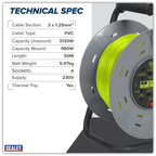 50m Cable Reel with Thermal Trip 4 x 230V - Hi-Vis Green BCR50G
