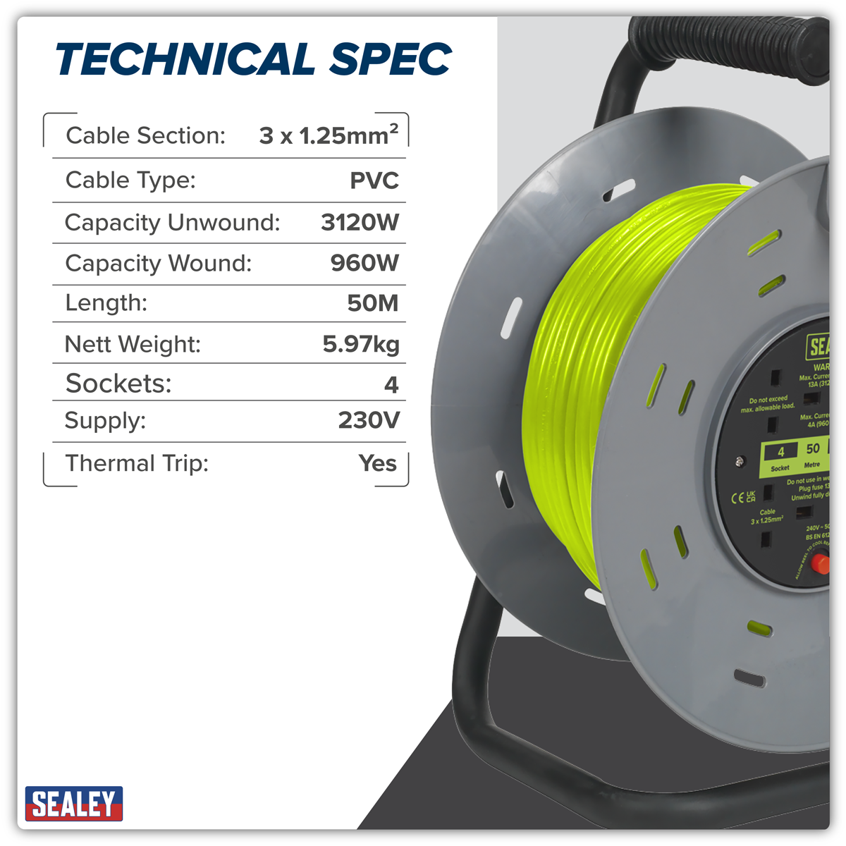50m Cable Reel with Thermal Trip 4 x 230V - Hi-Vis Green BCR50G