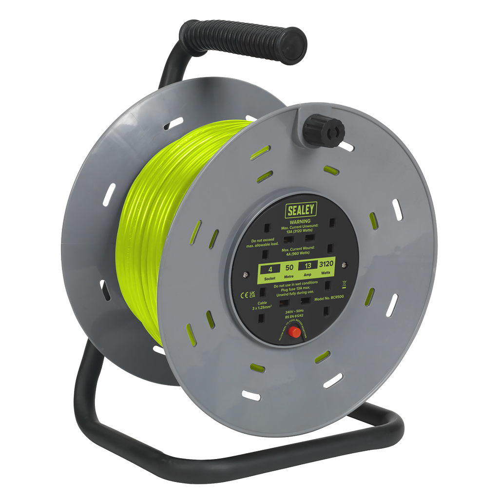50m Cable Reel with Thermal Trip 4 x 230V - Hi-Vis Green BCR50G