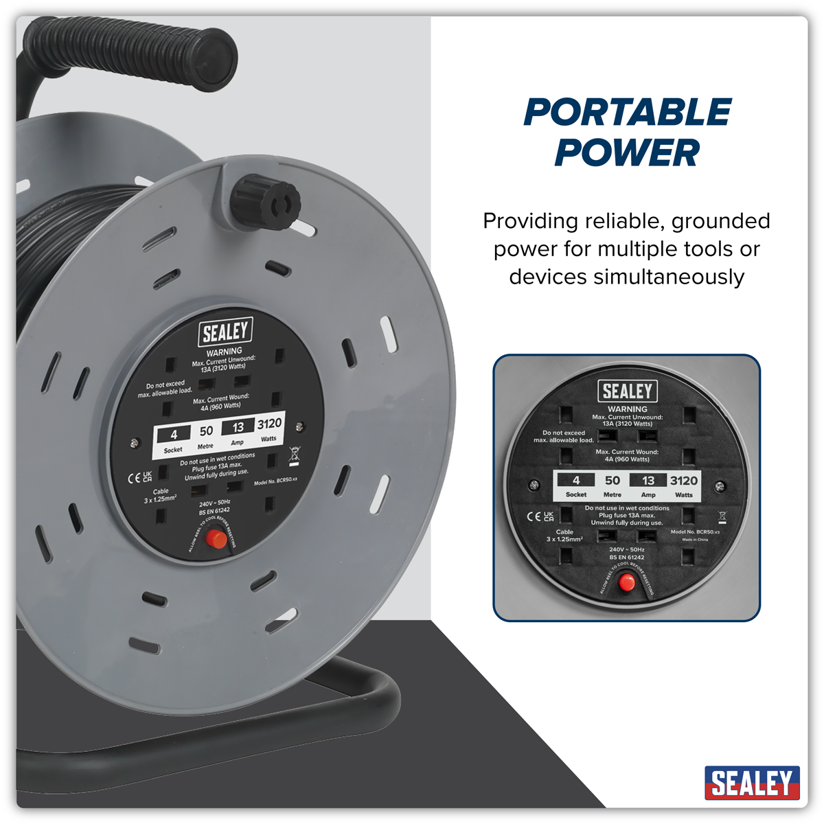 50m Cable Reel with Thermal Trip 4 x 230V BCR50