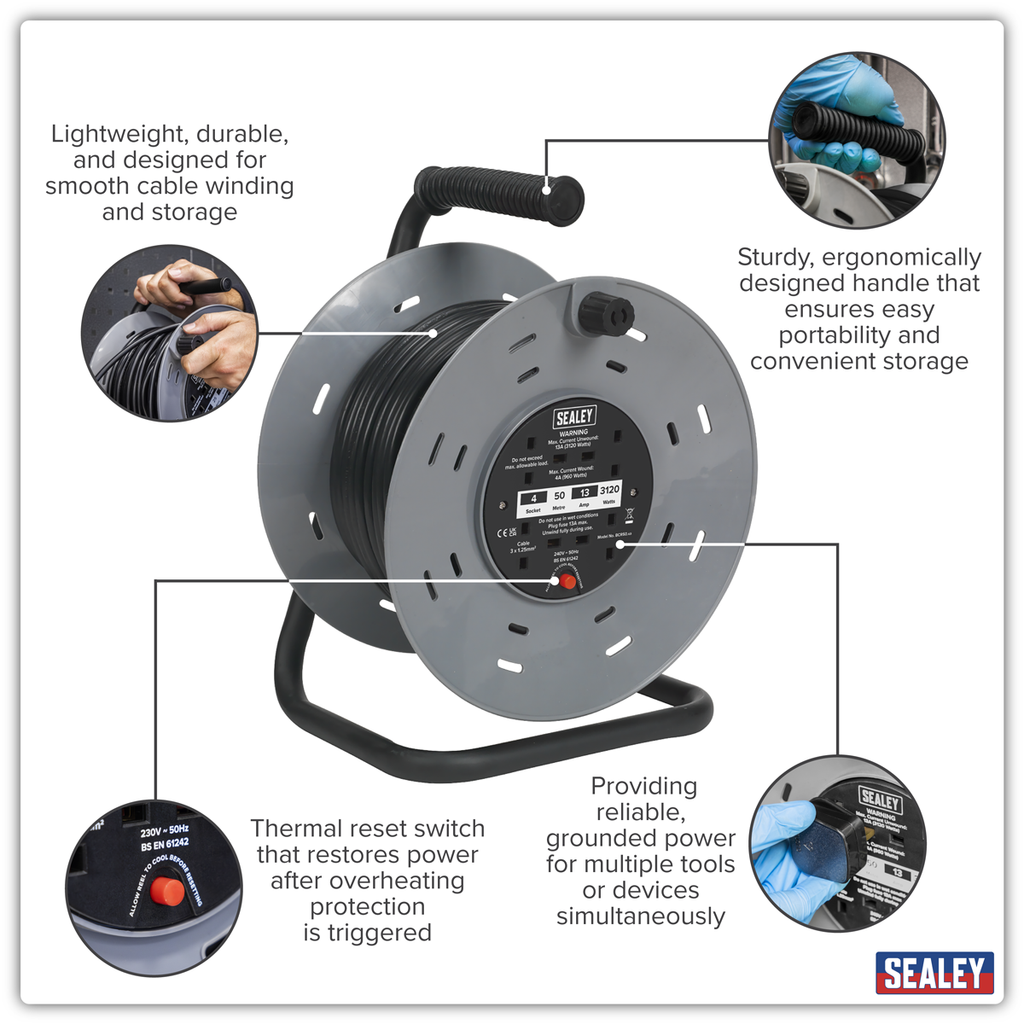50m Cable Reel with Thermal Trip 4 x 230V BCR50
