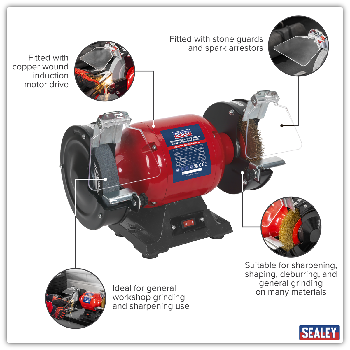 150mm Heavy-Duty Bench Grinder with Wire Wheel 450W/230V BG150XW/99