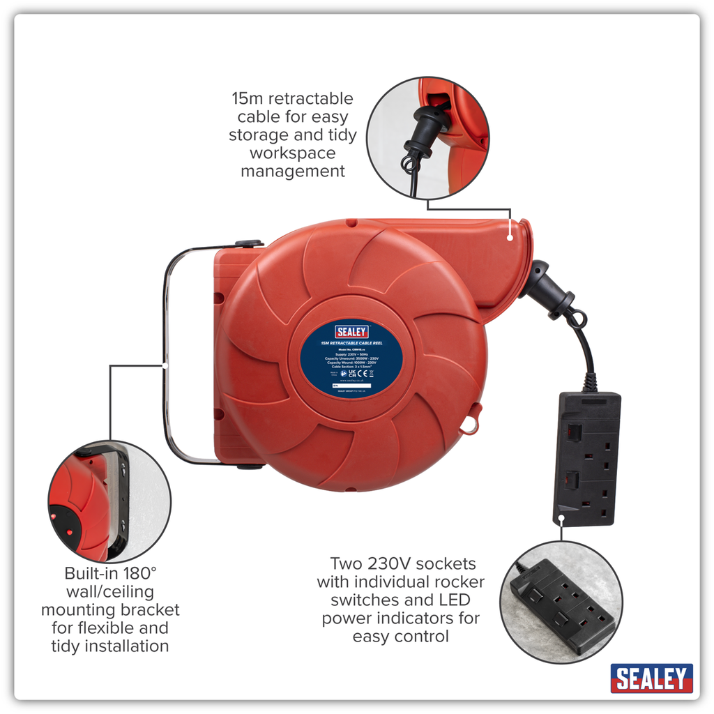 15m Retractable Cable Reel System 2 x 230V CRM15
