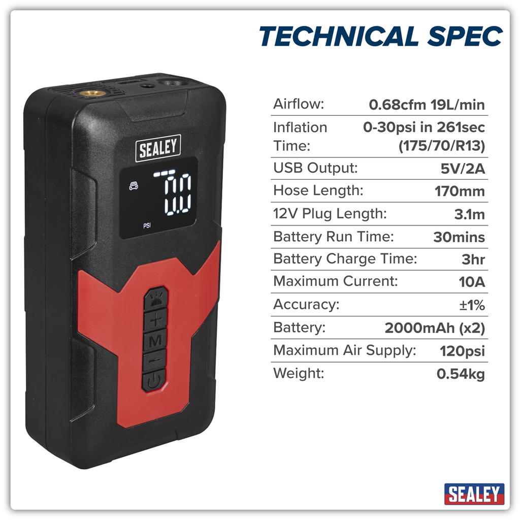 Rechargeable Tyre Inflator & Power Bank with Worklight 12V CTI140
