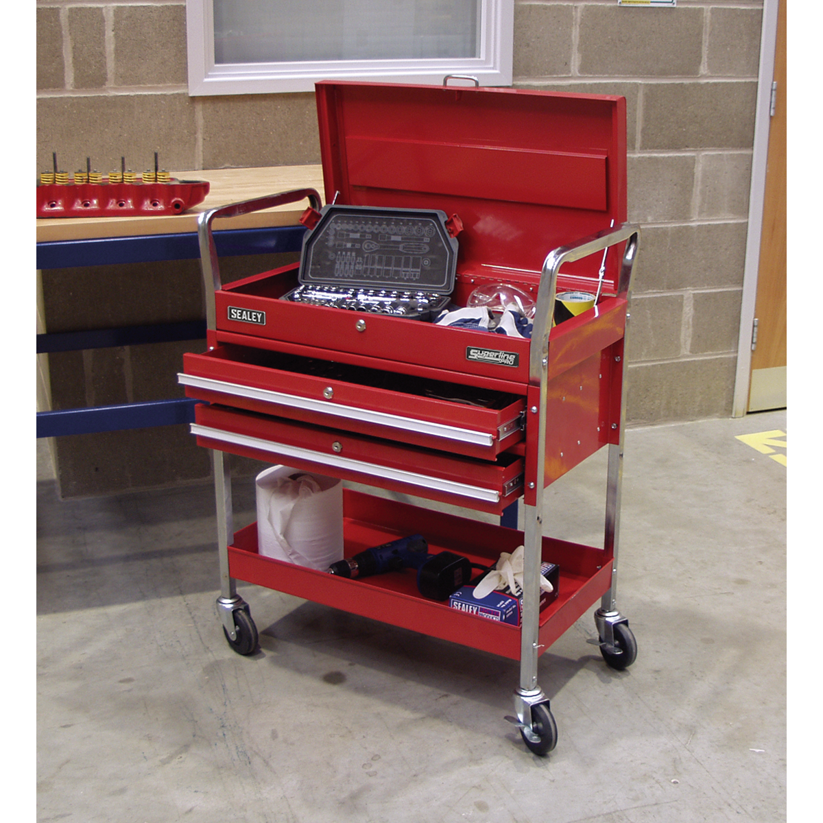 Heavy-Duty Trolley with Lockable Top & 2 Drawers 2-Level CX1042D