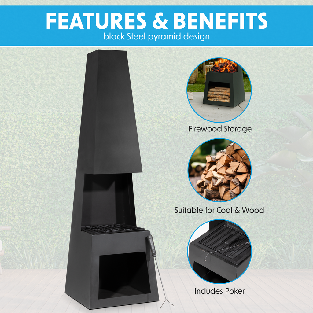 Dellonda Outdoor Chiminea with Firewood Storage - Black Steel DG107