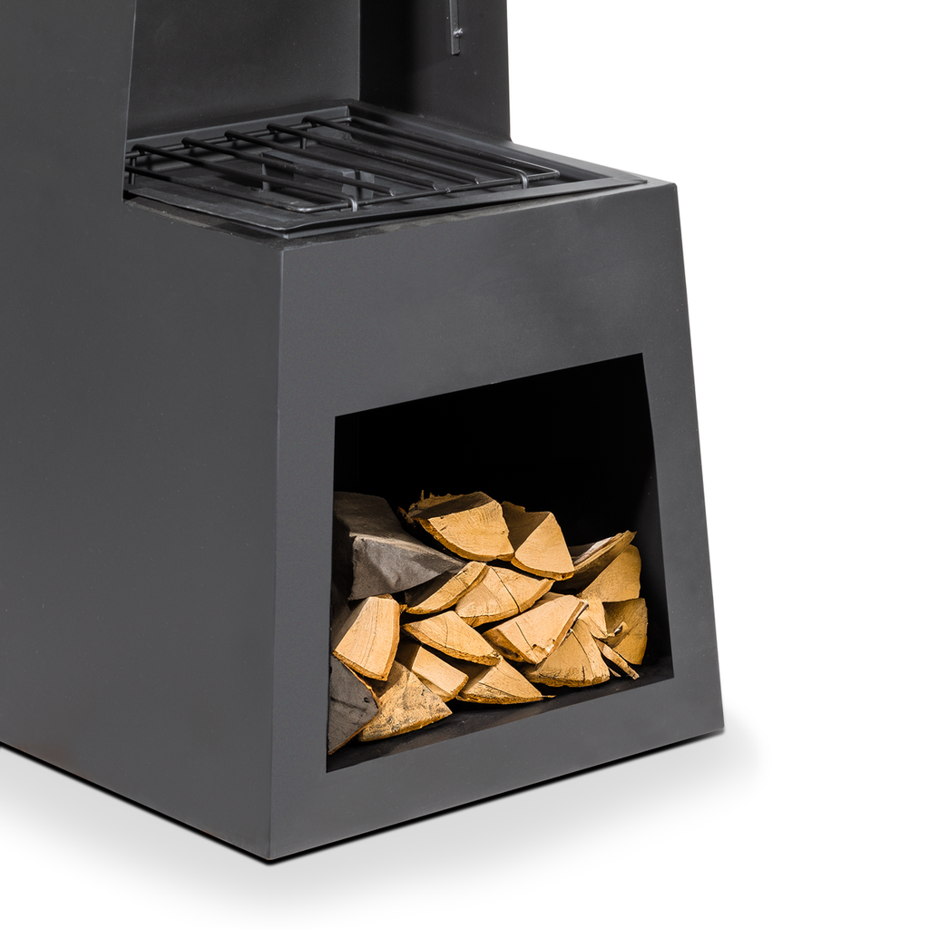Dellonda Outdoor Chiminea with Firewood Storage - Black Steel DG107