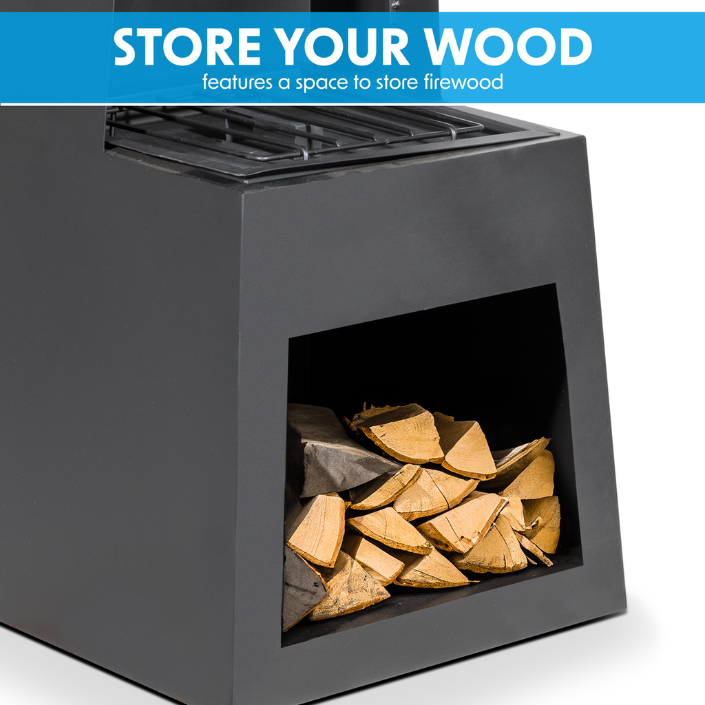 Dellonda Outdoor Chiminea with Firewood Storage - Black Steel DG107
