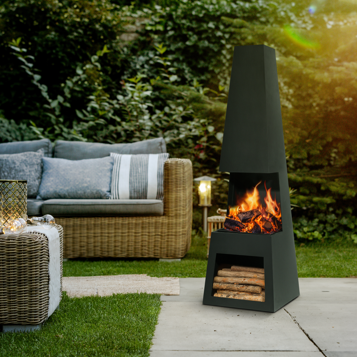 Dellonda Outdoor Chiminea with Firewood Storage - Black Steel DG107