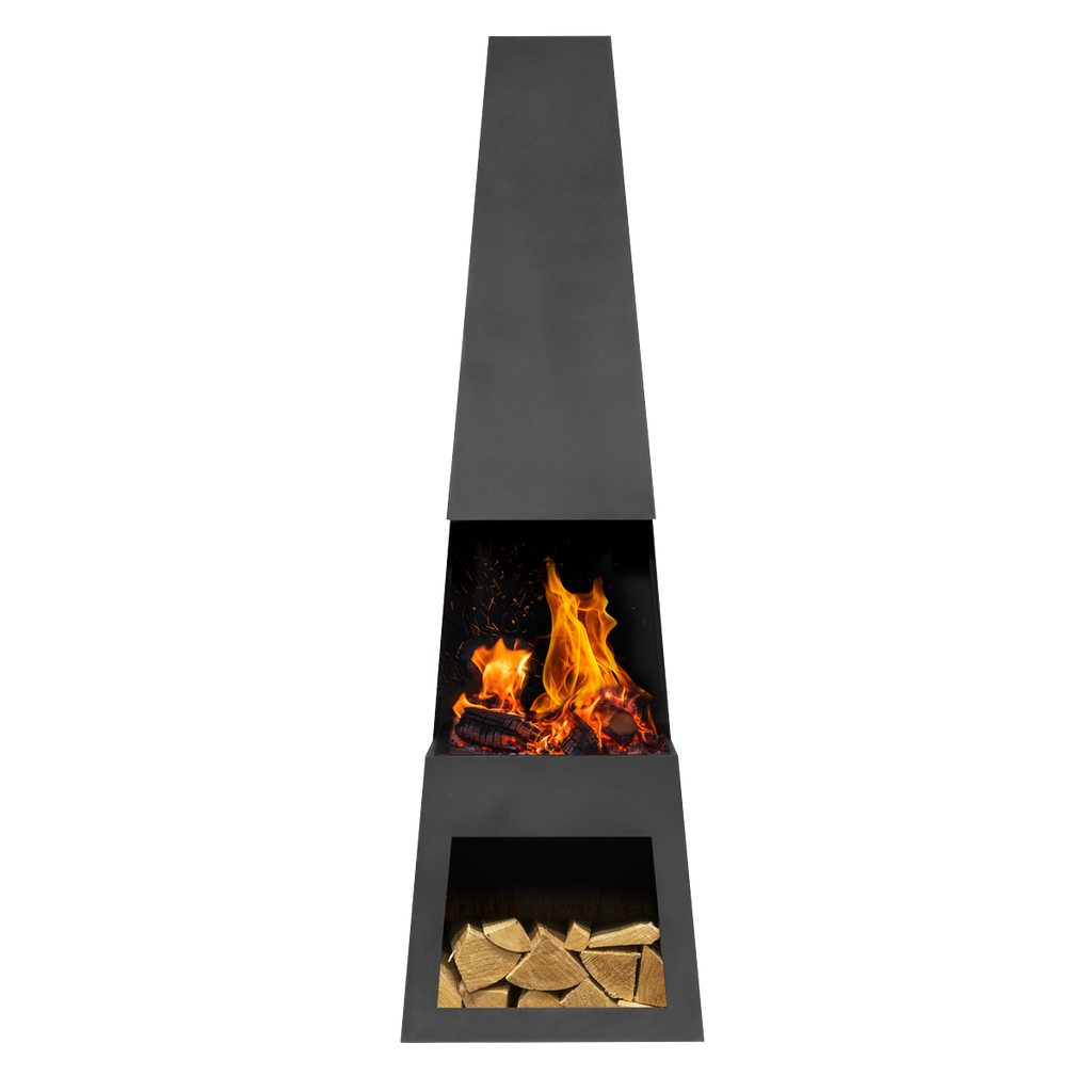 Dellonda Outdoor Chiminea with Firewood Storage - Black Steel DG107