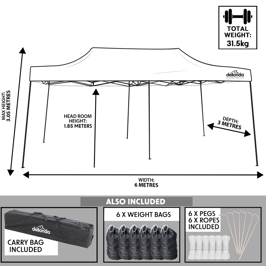 Dellonda Premium 3x6m Pop-Up Gazebo Water-Resistant Carry Bag Stakes Weight Bags DG141
