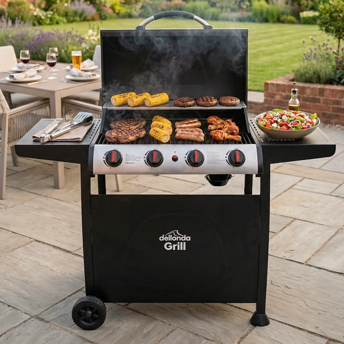 4 Burner Gas BBQ Grill with Piezo Ignition & Thermometer DG15