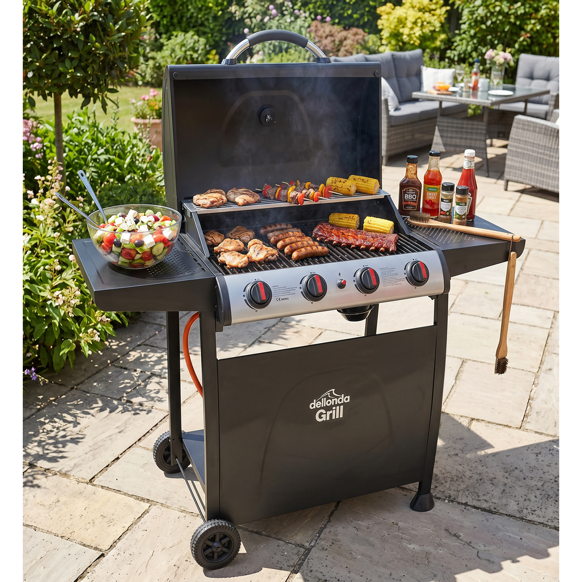 4 Burner Gas BBQ Grill with Piezo Ignition & Thermometer DG15