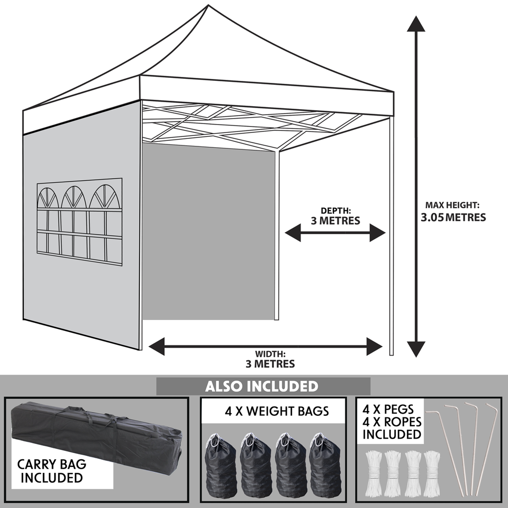 Dellonda Premium 3x3m Pop-Up Gazebo & Side Walls with Carry Bag, Stakes & Weight Bags - Grey DG167