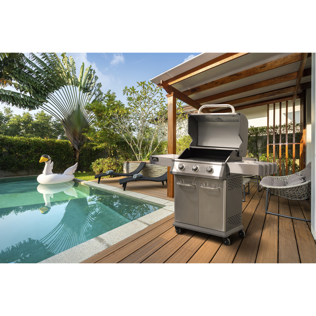 3 Burner Deluxe Gas BBQ Grill with Piezo Ignition & Thermometer - Stainless Steel DG16