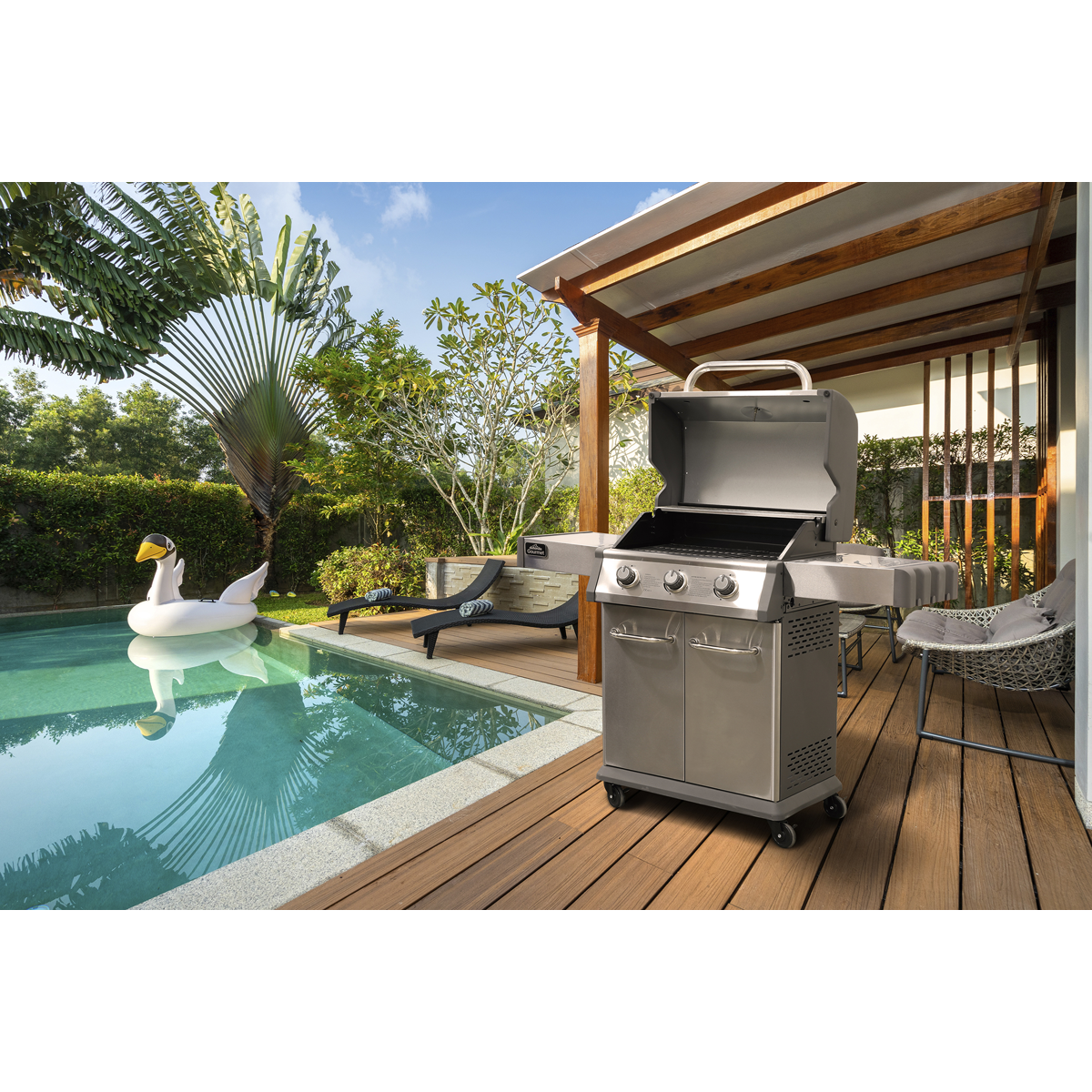 3 Burner Deluxe Gas BBQ Grill with Piezo Ignition & Thermometer - Stainless Steel DG16