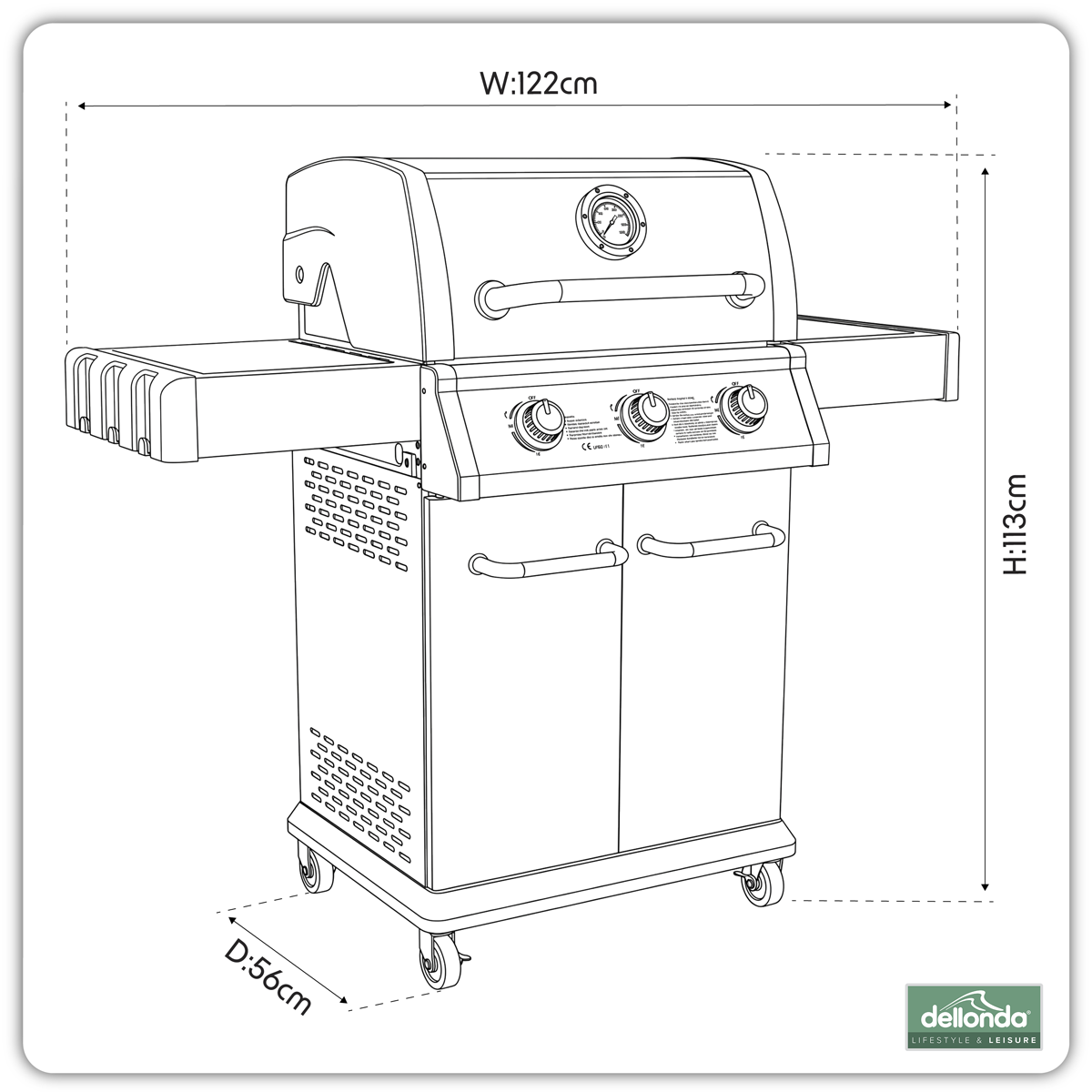 3 Burner Deluxe Gas BBQ Grill with Piezo Ignition & Thermometer - Stainless Steel DG16
