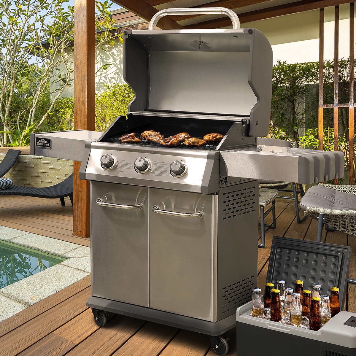 3 Burner Deluxe Gas BBQ Grill with Piezo Ignition & Thermometer - Stainless Steel DG16