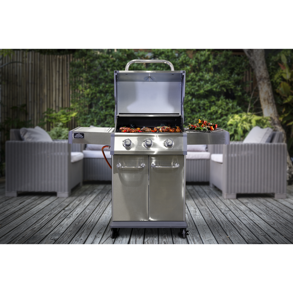 3 Burner Deluxe Gas BBQ Grill with Piezo Ignition & Thermometer - Stainless Steel DG16